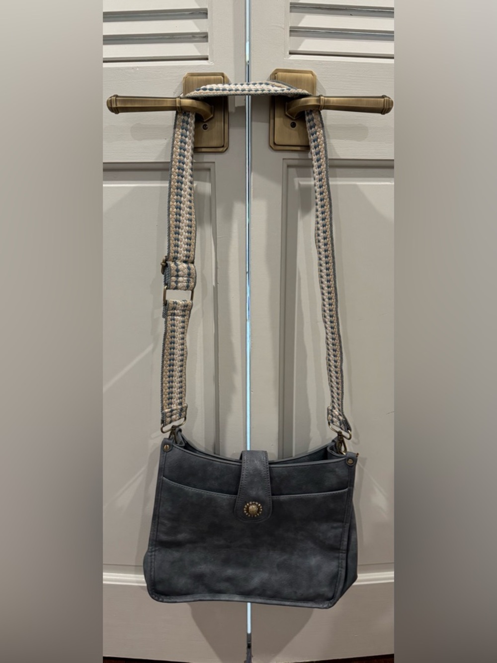 Forever Young Blue Gray Crossbody Bag with Cream & Blue Woven Strap